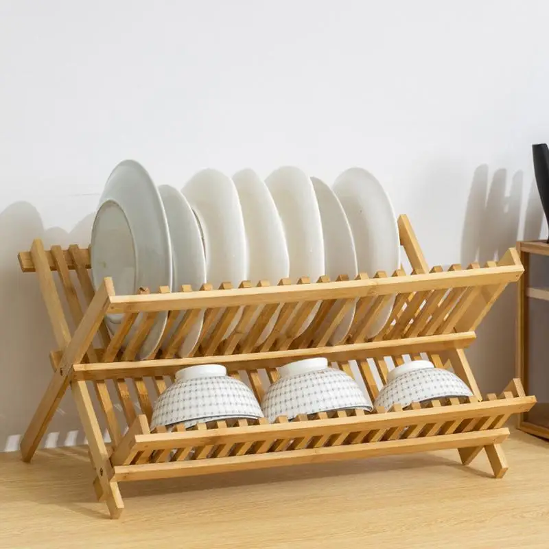 Drainer Folding Dish Drying Rack Easy Clean Durable Practical Plate Home Kitchen 2 Tier Gifts Retro Natural Bamboo Restaurant