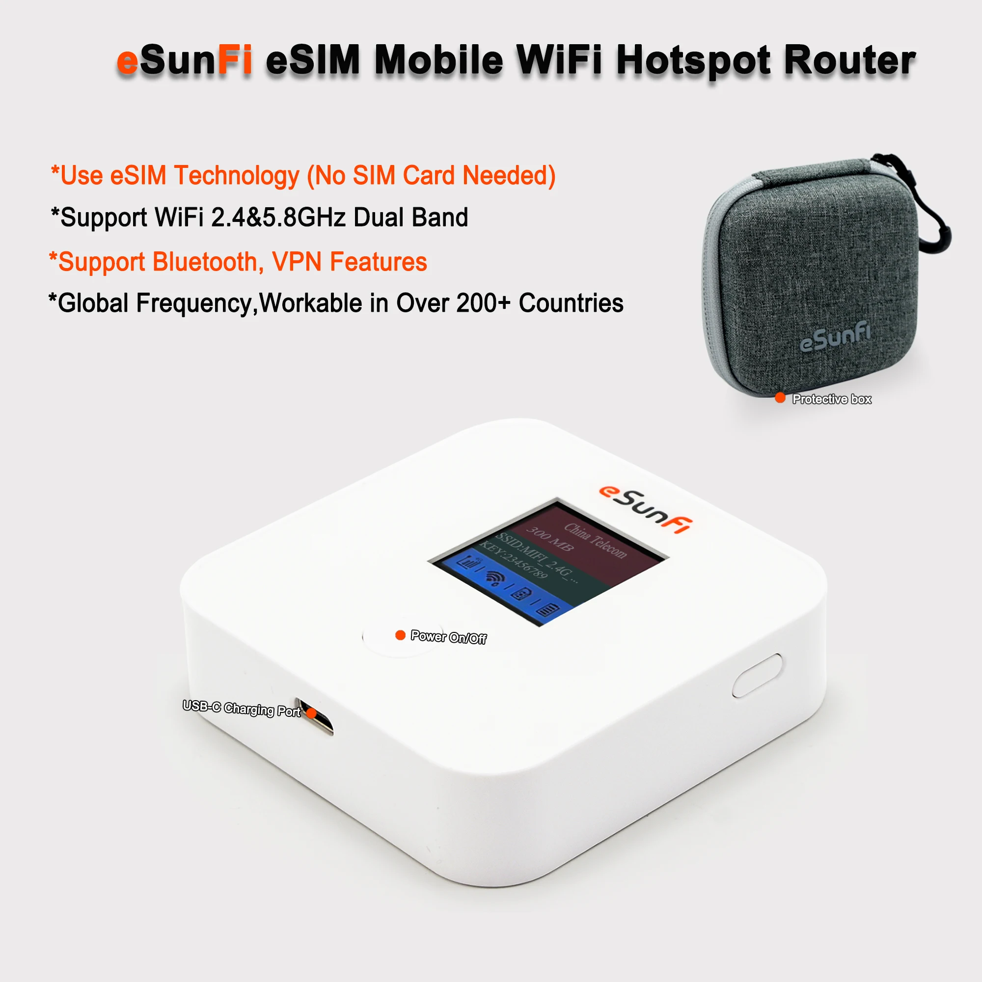 Sunhans eSunFi 4G LTE eSIM 모바일 와이파이 핫스팟 포켓 라우터, SIM 카드 없음, 해외 여행용, 글로벌 200 + 국가 작업