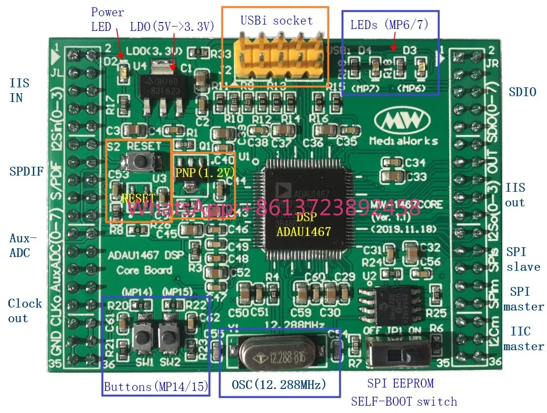 ADAU1467 DSP Audio Processor Board 8 IN 8 OUT with AD1937 Codec Digital Signal Processing Evaluation Module