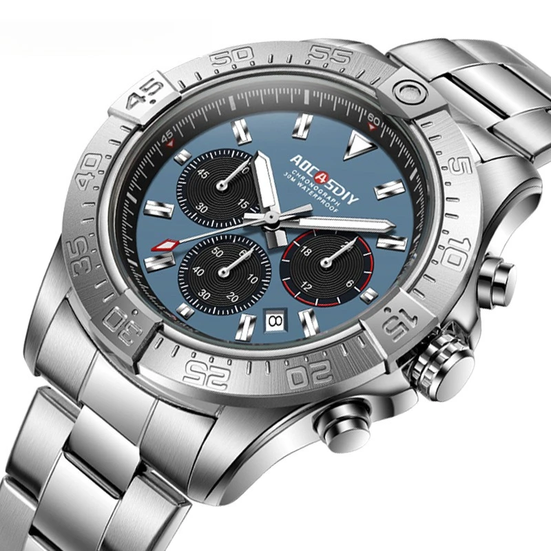 

Часы для внешней торговли, мужские часы с прямой поставкой, три циферблата, шесть стрелок, стальной ремешок, светящийся календарь, кварцевые часы