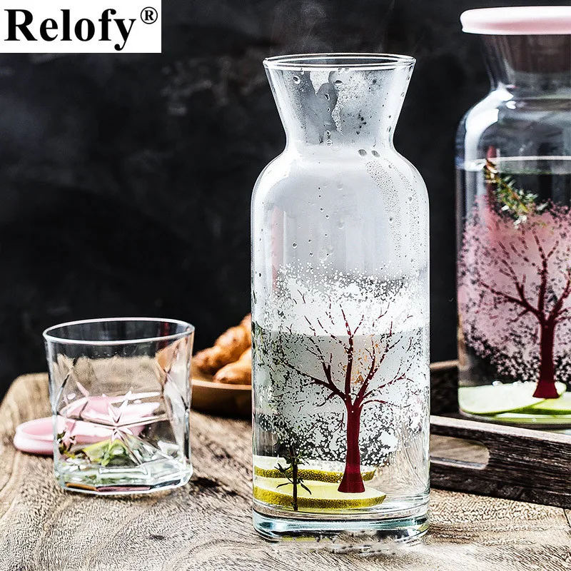 360/700/1260ml Glass Hot Color-changing Cherry Blossom Cold Water Bottle Household Coffee Tea Water Bottle Juice Milk Drinkware