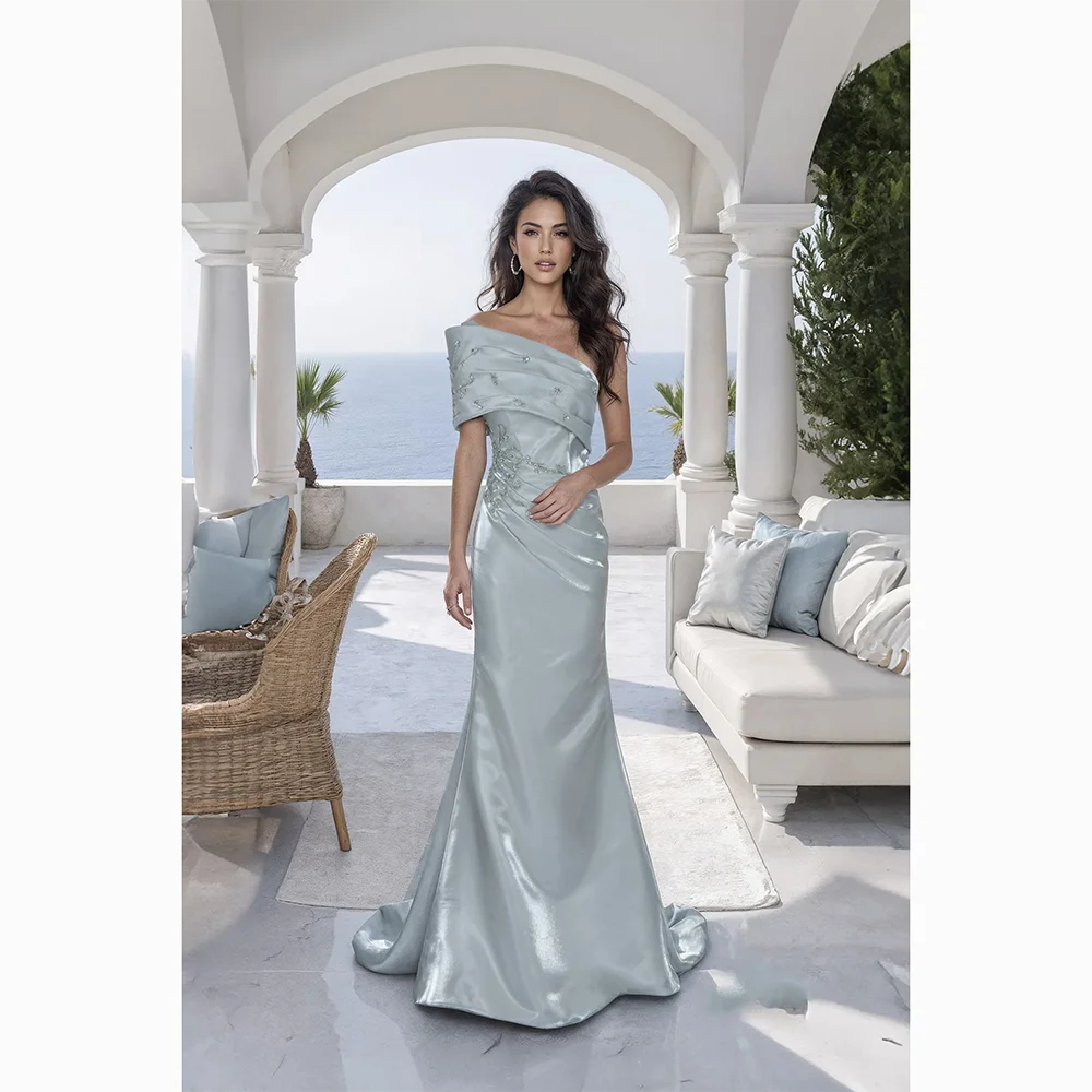 

Elegant Evening Dresses One Shoulder Satin Bead Crystal Evening Gowns Mermaid Floor Length Formal Paty Dresses Customized