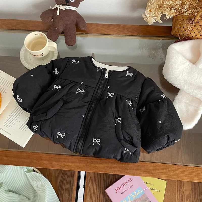 

Infant Baby Girls Parkas Bow Embroidery Thicken Warm Kids Girls Puff Sleeve Jacket 2025 Winter Toddler Girls Cotton Coat