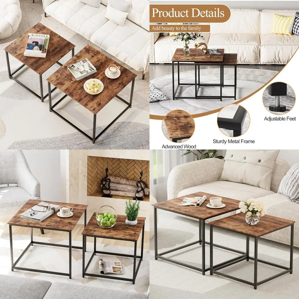 

Modern Nesting Coffee Table Set, Engineered Wood with Metal Frame, 23.6 Square, Brown, for Living Room and Small Spaces