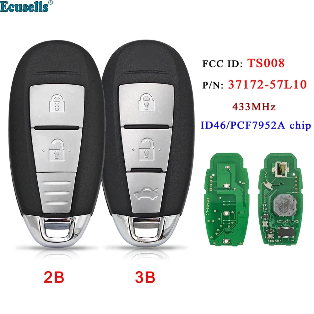 Ecusells 2/3 Button Smart Remote Key 433Mhz PCF7952A /ID46 Chip for Suzuki Swift Kizashi FCC ID: TS008 37172-57L10