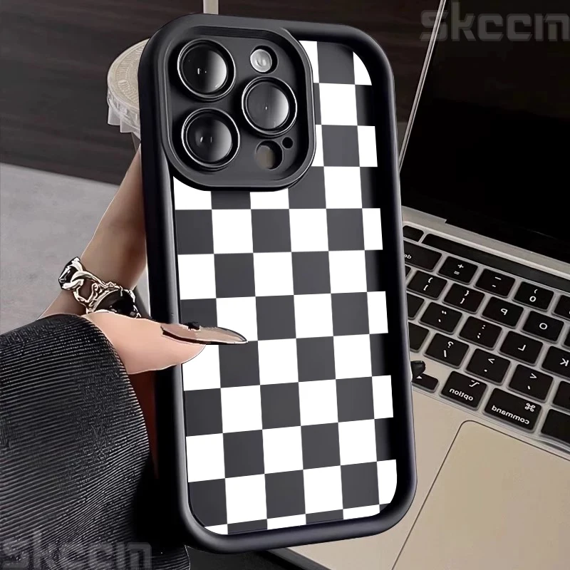 Funda de teléfono con estampado de cuadros blanco y negro para iPhone 16 15 14 Pro Max Plus 11 12 13 Mini 7 8 Plus 16E XR XS X, funda de silicona suave mate