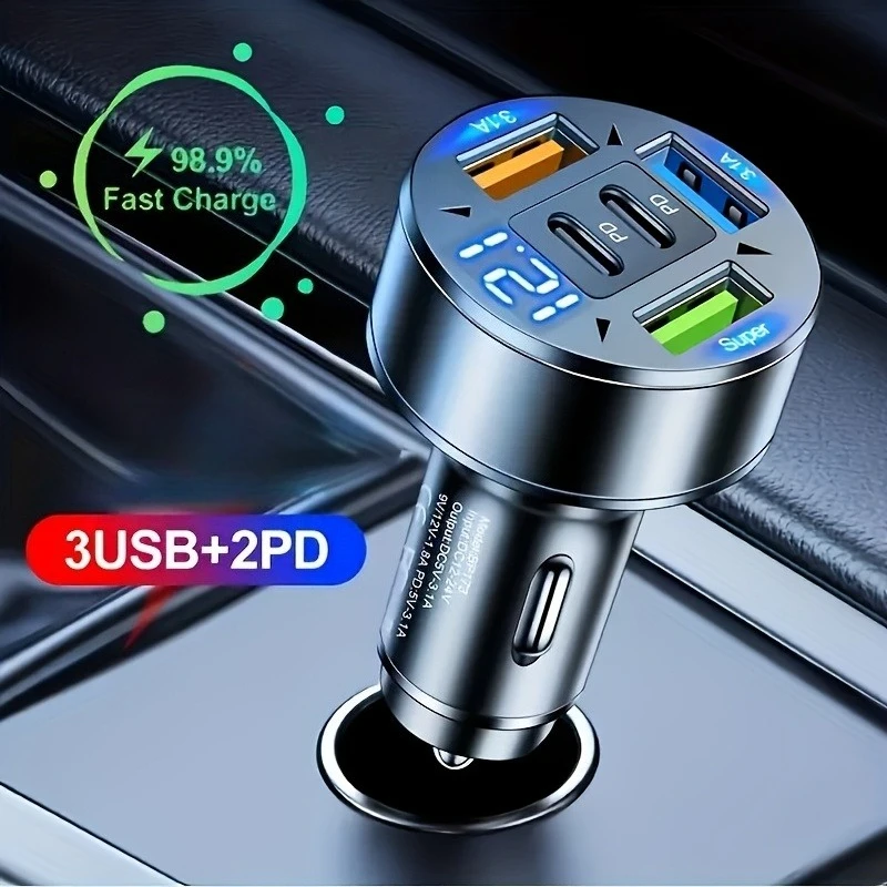 

Мощное автомобильное зарядное устройство! С дизайном, включающим 3 USB-порта и 2 порта PD, он обеспечивает возможность зарядки нескольких устройств.