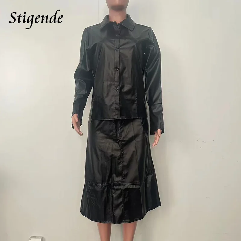 Stigende Black Faux Leather Two Piece Set Women Button Pu Shirt and Skirt Casual Patchwork Bodycon Outfits