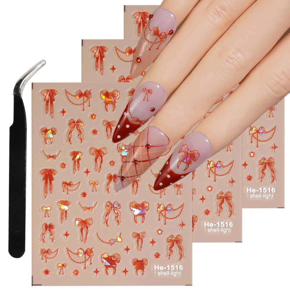 

1/5/10pcs 5D Embossed Orange Bow Star Nail Stickers Exquisite Sweet Decals for Women DIY Manicure Self-Adhesive Decor Supplies