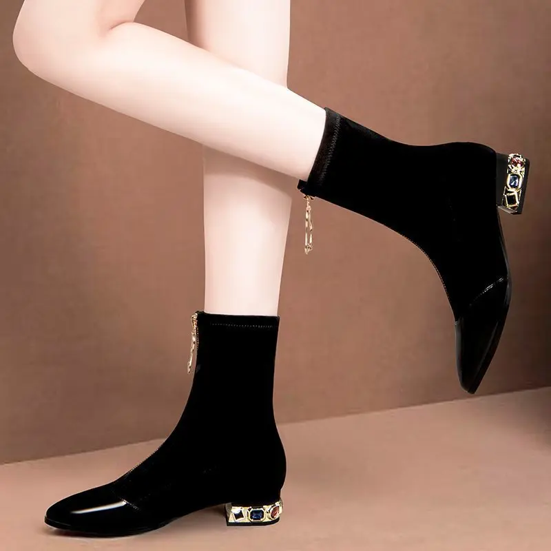 Women Shiny Sequin Ankle Boots Winter Fashion Pointed Front Zipper Rhinestone Square Heels Short Boots Retro Motorcycle Shoes_voghion.com