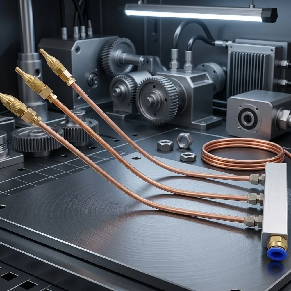 3-Way Split Joint Nozzle for CNC Machines Featuring Oil Water Air Spray Capability and 300mm 6x4 Copper Tubing