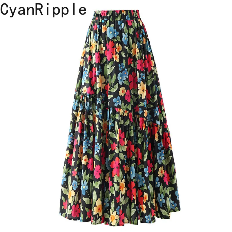 High Quality New Spring Summer Vintage Printing Women Floral Skirts Ultra Long Elastic Waist Big Bottoms Bohemian Pleated Skirts