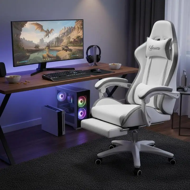 Chaise de jeu ergonomique avec dossier inclinable à 135° °   et soutien lombaire, 65 x 65 x 121-129 cm blanc
