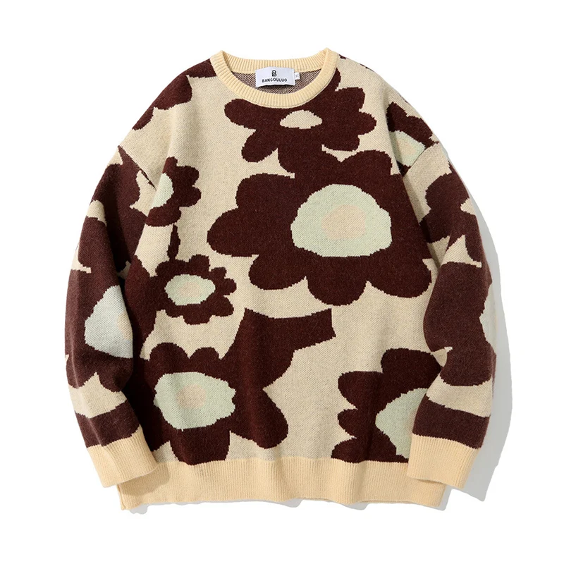 Fashion Knitted Sweater Men Women Japanese Floral Print Streetwear Pullover Harajuku Loose Cotton Sweater Unisex 2022 Winter New