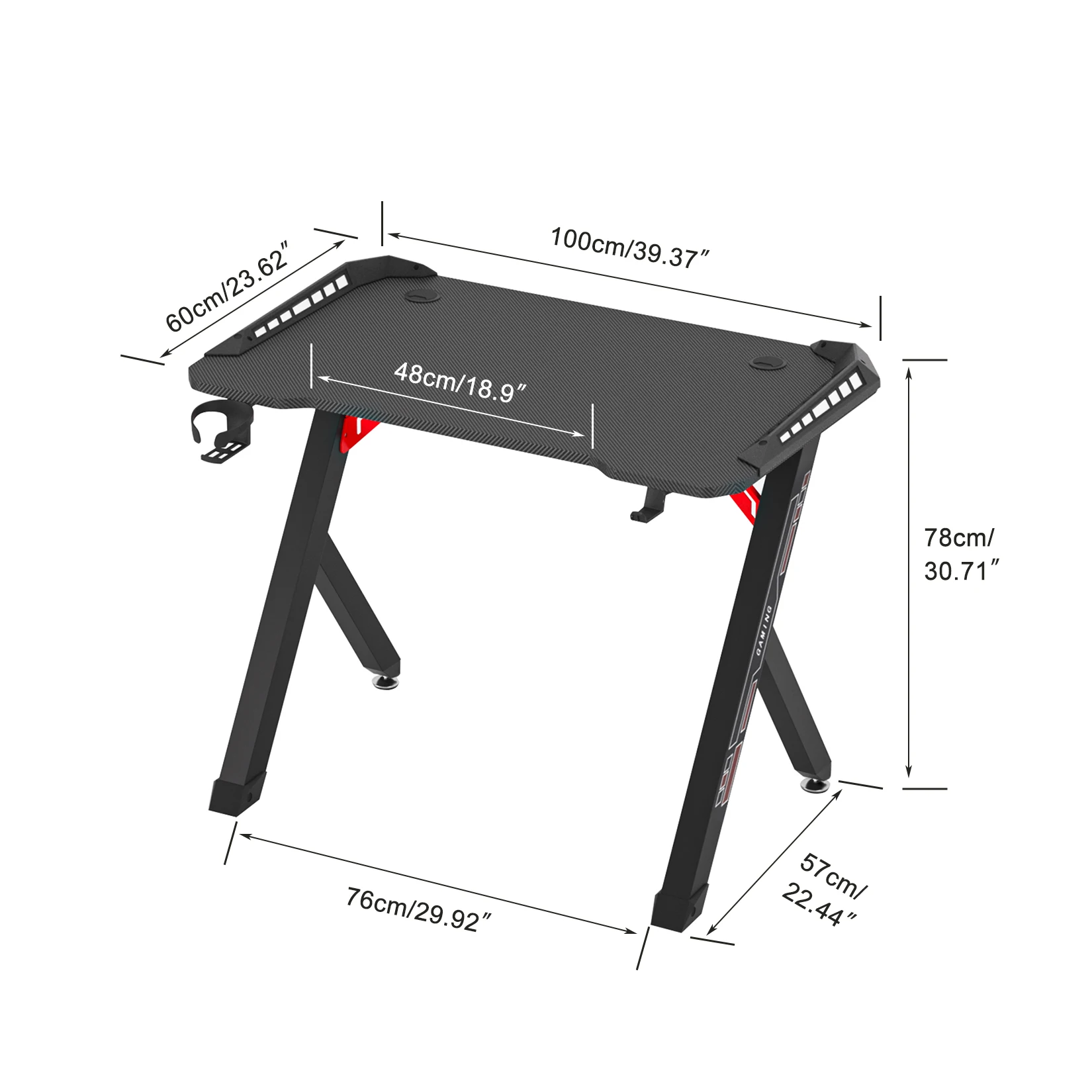 Dynamische RGB LED Lichter Gaming Desk robuster PC-Schreibtisch mit stabilen verdickten Metall beinen 3D Carbon Faser Oberfläche