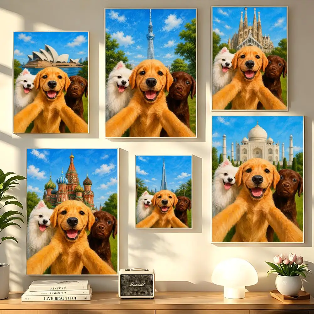 Dog Posing At Famous Landmarks Poster HD art sticky wall waterproof home living room bedroom bar decoration