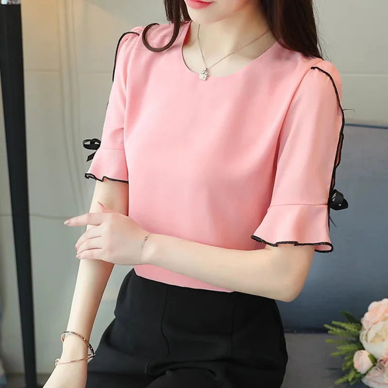 New Fashion Chiffon Women Blouse 2024 Short Sleeve shirts Sweet Women's Clothing Pink O-neck Summer woman Tops Blusas D621 30