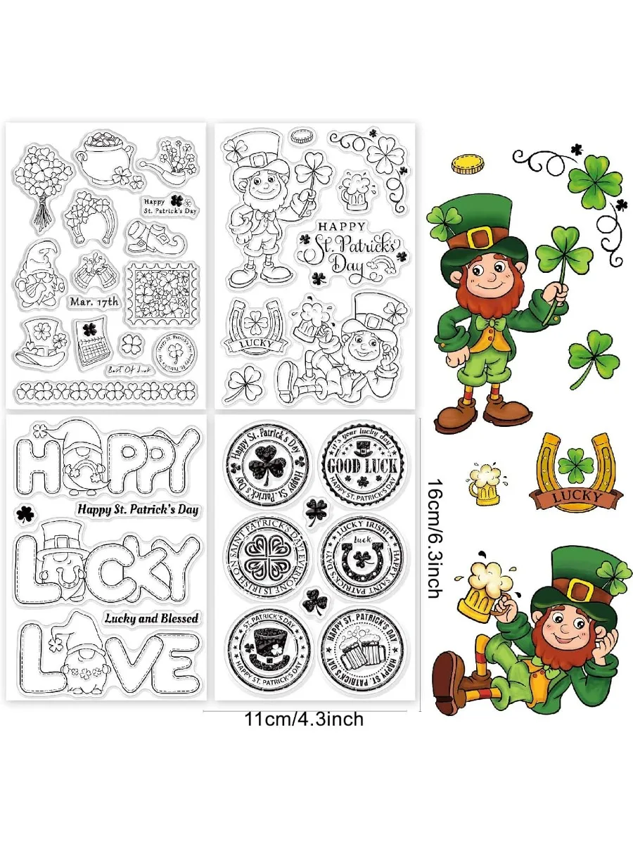 Happy St.Patrick's Day Clear Stamps Gnome Vintage Round Label Clover Silicone Clear Stamp Seals Set for Cards Making DIY