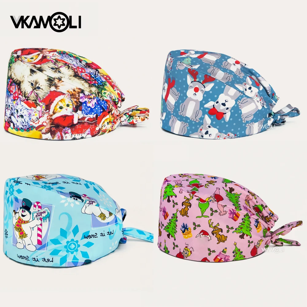 

2025 Autumn/Winter New Christmas Pattern Print Doctor Nurse head cap pet shop vet Pharmacy Scrub hat