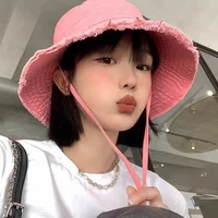Women Solid Color Sunshade Bucket Hat Soft Cotton Tassel Brim Foldable Fisherman Cap Lady Girl Outdoor Beach Travel Sun Caps - Image 4