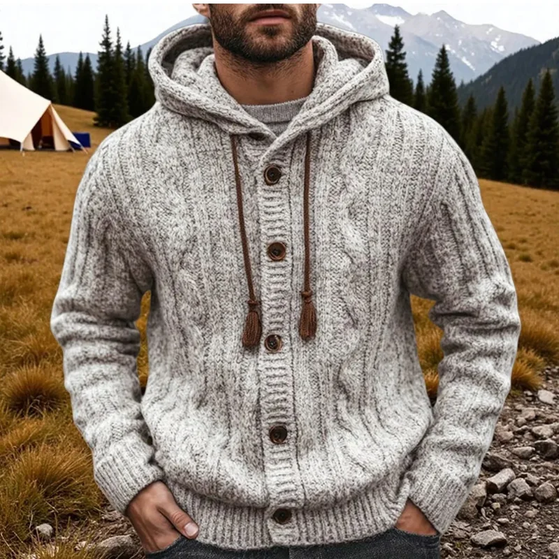 

2025 New Autumn and Winter Men's Casual Vintage Knitwear Sweater Fashion Pit Strip Long Sleeve Hooded Cardigan Men's Coat