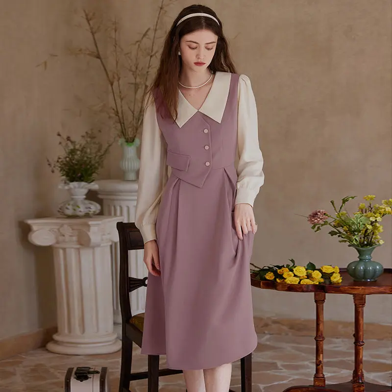 

2025 Spring Fall French Graceful Patchwork Shirt Dress Women Pink Long Sleeve Peter Pan Collar Dresses Fashion Joker Clothing