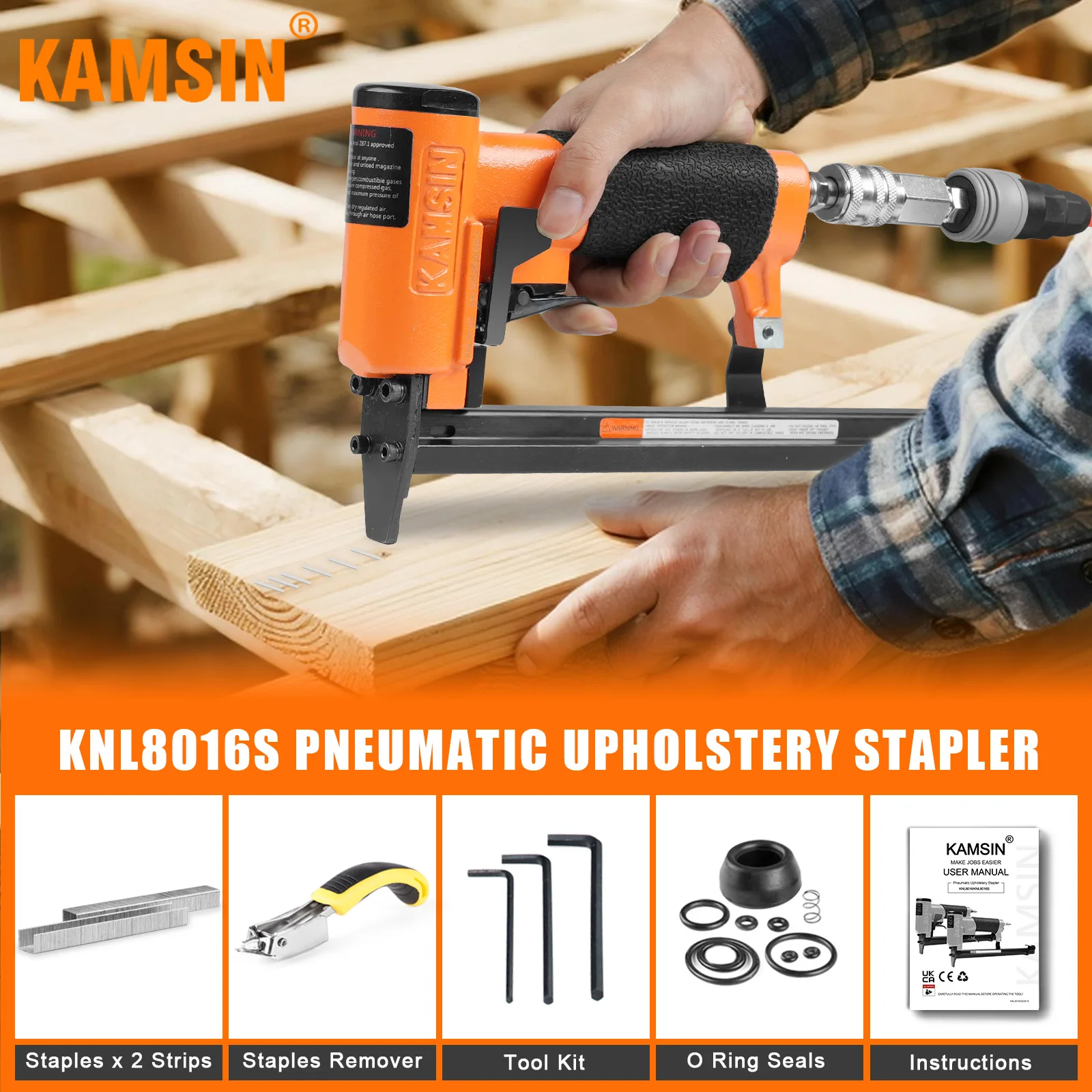 KAMSIN KNL8016S 21 Gauge Pneumatic Serial Upholstery Stapler with Extended Long Magazine Upholstery Staple Gun for Furniture