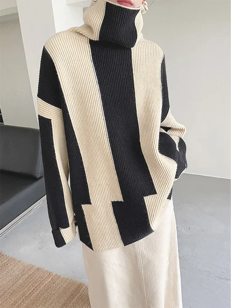 Female Sweater LOOSE Casual Stripe Knitted Women\'s Turtleneck Oversized Korean Fashion Thickening Warm Winter Women\'s Sweater