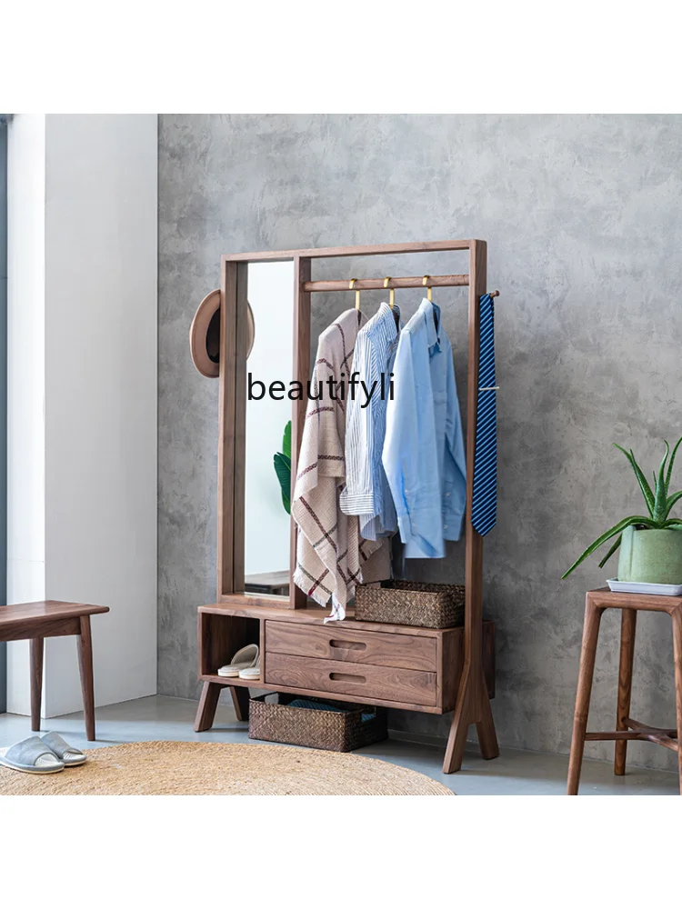 Black Walnut Solid Wood Shoe Changing Stool Clothes Rack Integrated Coat Rack with Mirror Dressing Mirror Drawer Floor Hanger