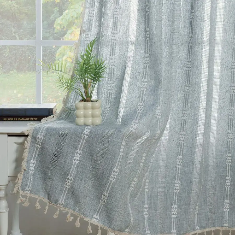

Boho Curtains 84 Inches for Living Room Bedroom Farmhouse Cottage Core Dusty Blue Linen Drapes Light Filtering Embroidered Strip