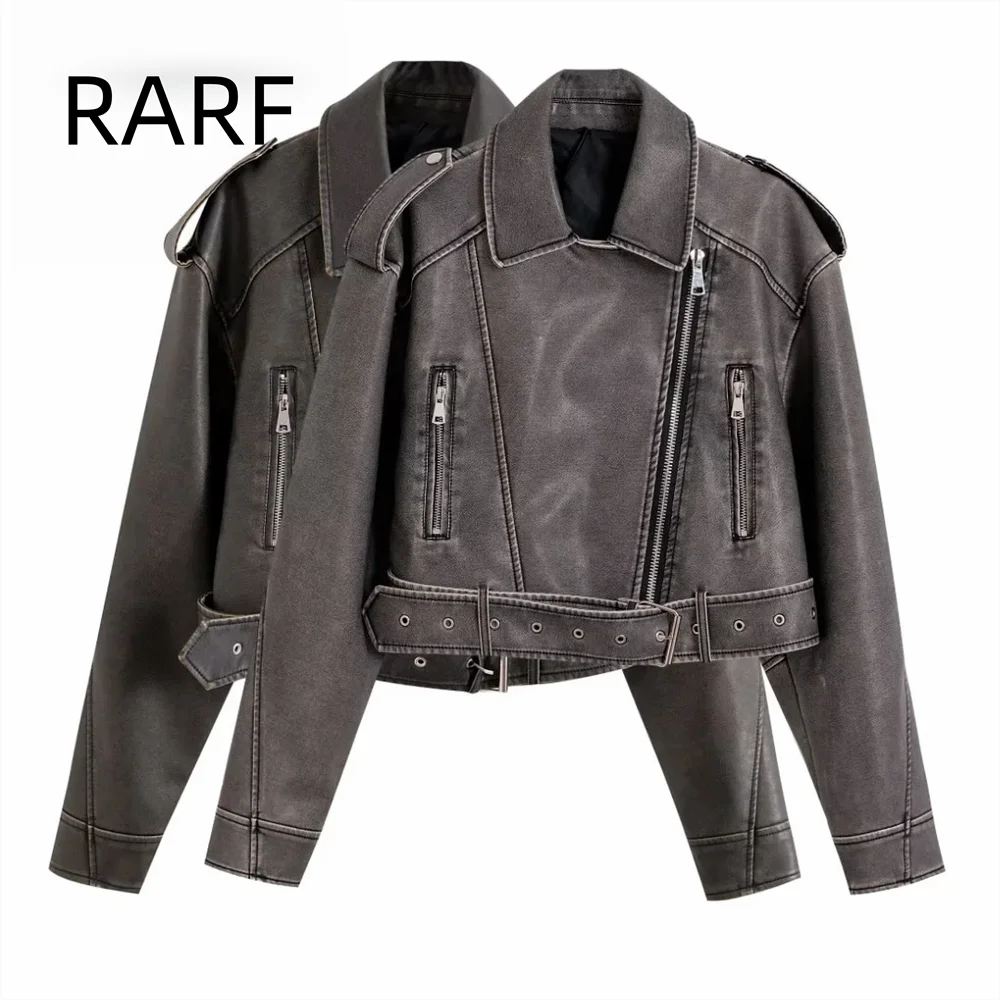 Women's clothing 2024 winter vintage style vintage style distressed collar long sleeved imitation leather jacket jacket