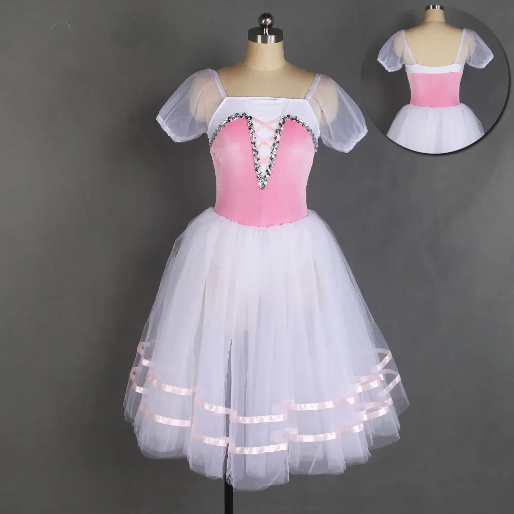 

18700 Pink Velvet Stretch Bodice with Puff Sleeves Long Ballet Tutu for Girl & Women Ballerina Dance Costume Practice Dress