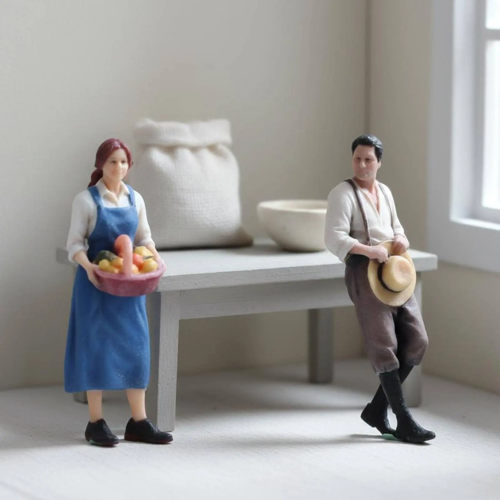 2 Pieces Farmer Couple Figurines 3D Color Printed Farm Figurine Miniature Scene Decor for Display Scene