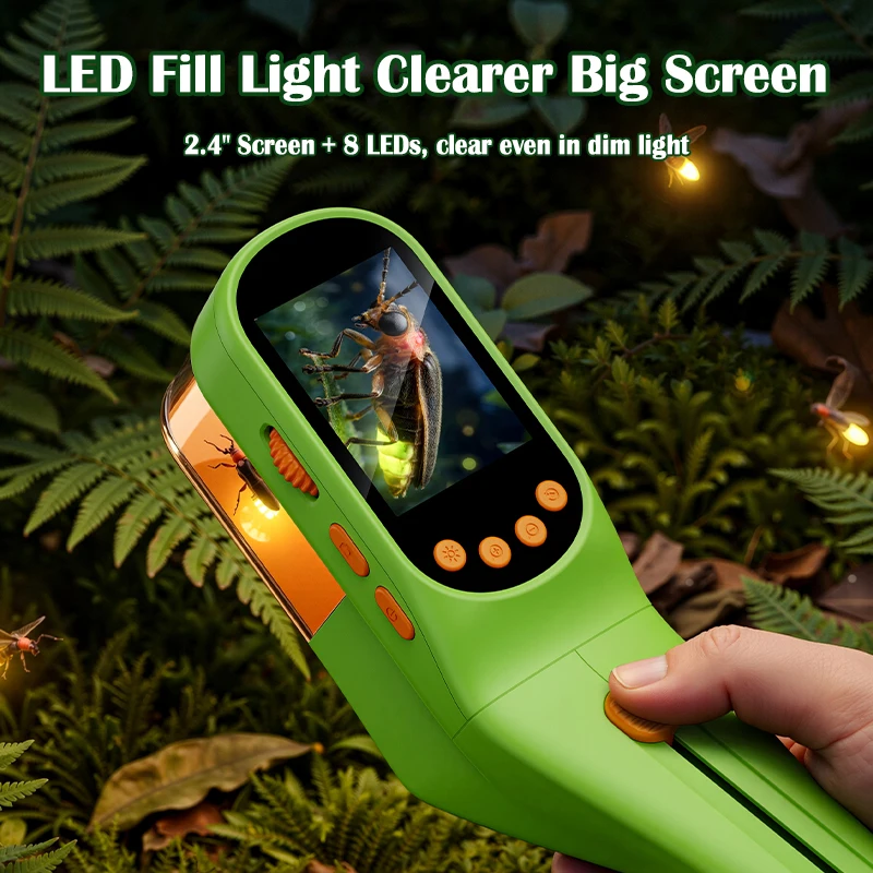 500X Kids Bug Catcher Microscope 8 LED Light Photo Video Record 1000mAh Battery Portable Outdoor Science Magnifier Toys Kit Gift