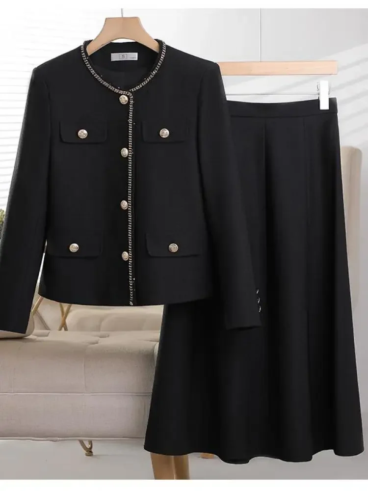 Women Autumn Winter Suit 2024 New French Elegant Goddess Fashion Button Blazer Coat And High Waist Long Skirt Two Piece Set Chic