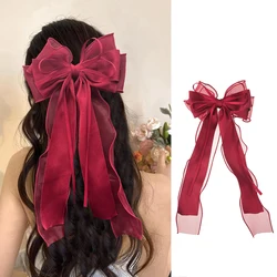 Solid Color Bow Long ribbon Hairpin Red Barrette Red Hair Clip Women Girls Hairgrip Vintage Headwear Hair Accessories