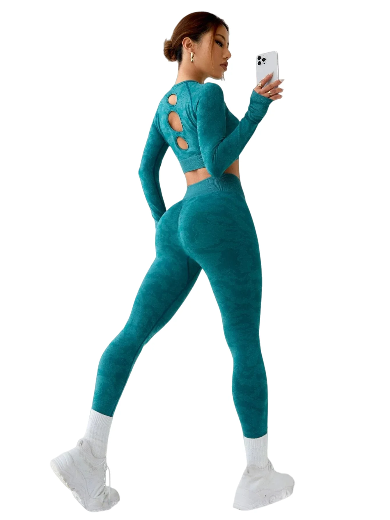 Seamless camouflage yoga suit for women, high-waist, buttock-lifting, outdoor running training set, fitness sportswear, two-piec