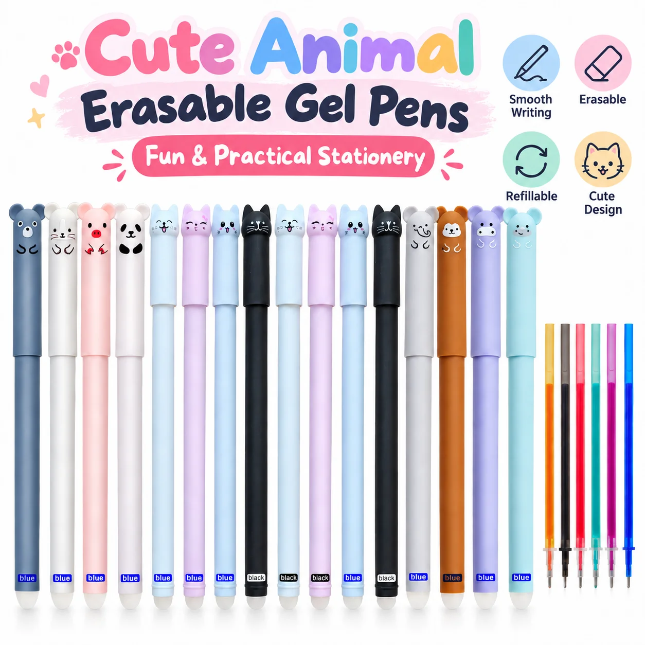 Niedliches Tier-Set mit löschbaren Gelstiften, 24 Stück, 12 Stifte + 12 Minen, 0,5 mm, mit Wärme löschbare Stifte, Schreibwaren für Schüler und Studenten.