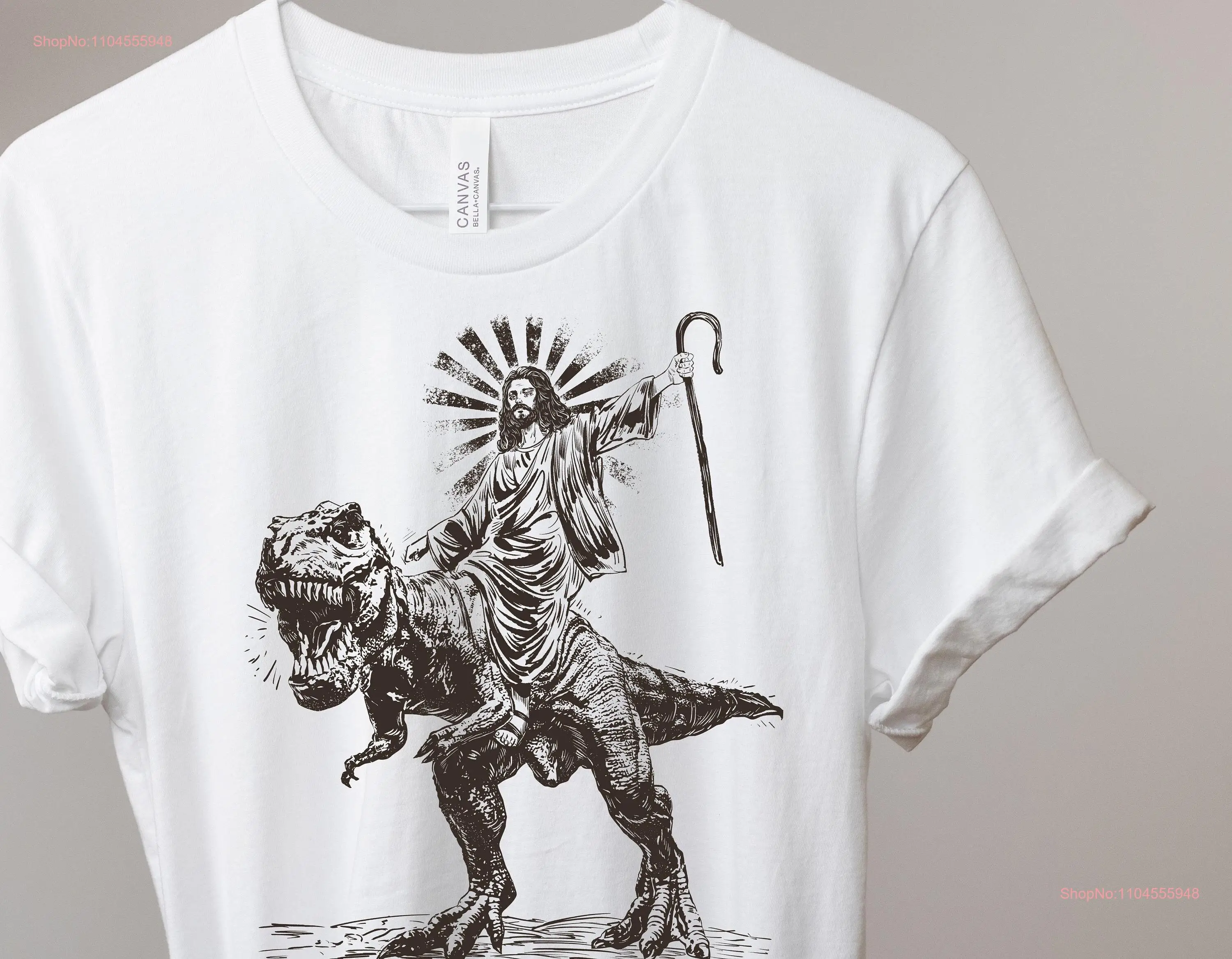 Jesus montando T rex dinossauro camisa legal Cristo selvagem em Trex Religião cristã mangas compridas ou curtas