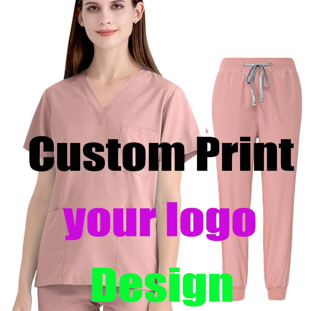 Customized Women Men's Work Wear Custom Print Logos Name Scrubs Sets Spa Salon Surgical Enfermeria Uniform Nursing Medical Suits