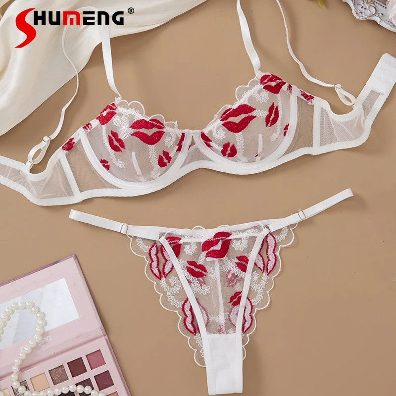 

Сексуальное женское белье Pure Desire для женщин, комплект с бюстгальтером с вышивкой и красными губами на косточках, женское ультратонкое нижнее белье пуш-ап, костюмы