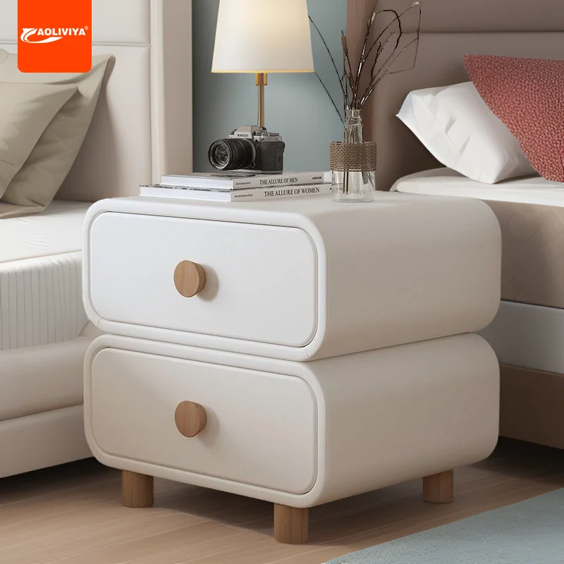 

Aoliviya New Cream Style Bedside Table Bedroom Wood Leather Bedside Cabinet Simple Modern Extremely