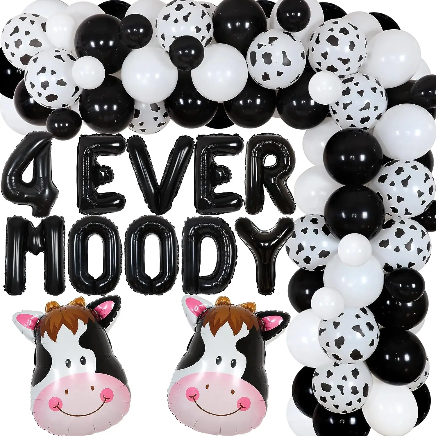 

Farm Animal Balloon Garland Arch Kit, Birthday Party Decoration, 4th Birthday Supplies, Black and White Cow 4 Ever Moody