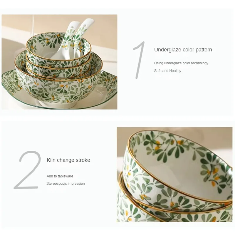 Green Flower Tableware Set Bowl Plate Double Ear Bowl Spoon Home Kitchen Ceramic Underglaze Colour Combination Dinnerware Set