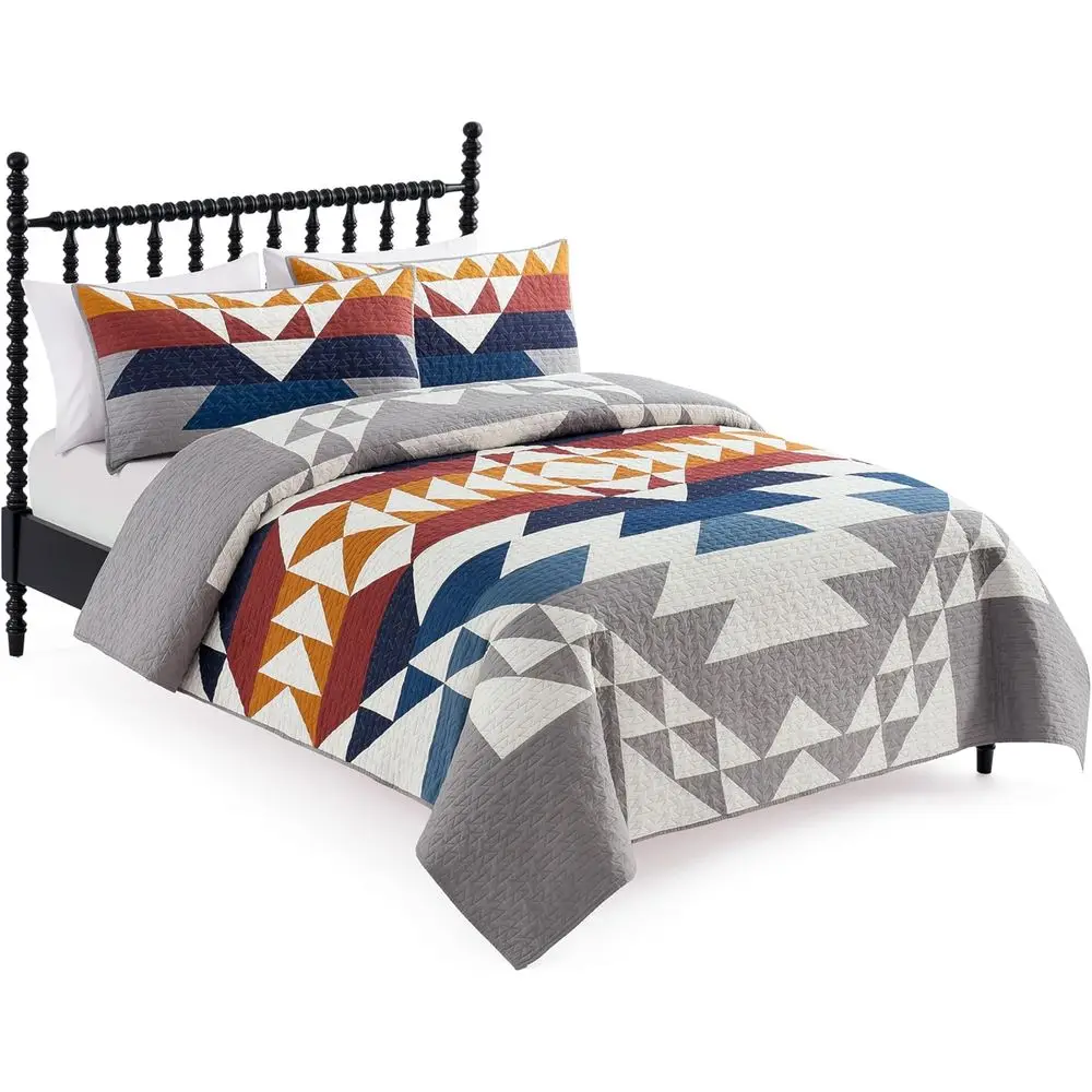 

Легкий стеганый комплект покрывал из хлопка с 2 наволочками, 110x96 дюймов, сине-серый мультиколор, моющийся, в деревенском стиле