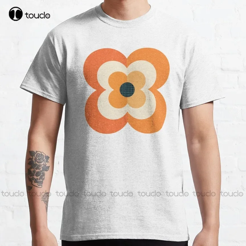 Retro Flowers - Orange And Charcoal Classic T-Shirt Vintage Flower Pattern Custom Shirt Outdoor Simple Vintag Casual T Shirts