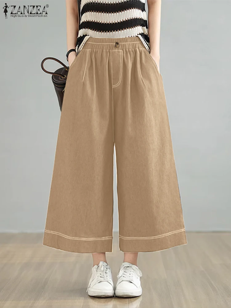 

2025 Summer Trousers ZANZEA Women Wide Leg Pants Casual Elastic Waist Soft Denim Blue Palazzo Fashion Work OL Pantalon Oversize