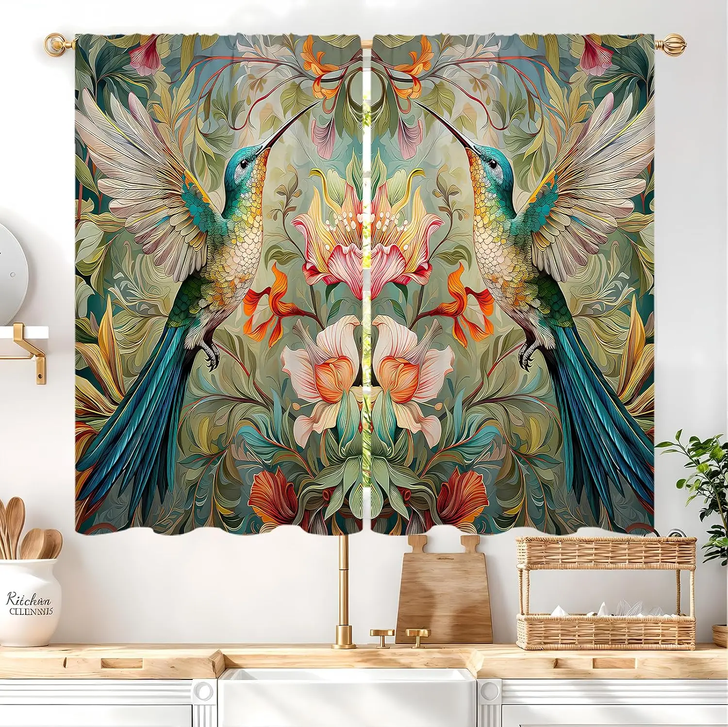 Hummingbird Floral Curtain Panels, Vibrant Hummingbirds & Exotic Flowers Vintage Art Print Drapes for Bedroom Window Home Decor