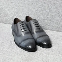 Classic British Style Brogue Carving Gray Oxfords Elegant Man Formal Shoes Natural Genuine Leather Business Party Social Shoes