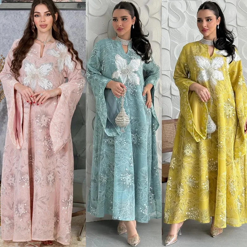 

Eid Mubarak Muslim Women Embroidery Maxi Dress Abayas Dubai Turkey Kaftan Ramadan Jalabiya Caftan Party Dresses Femme Vestidos
